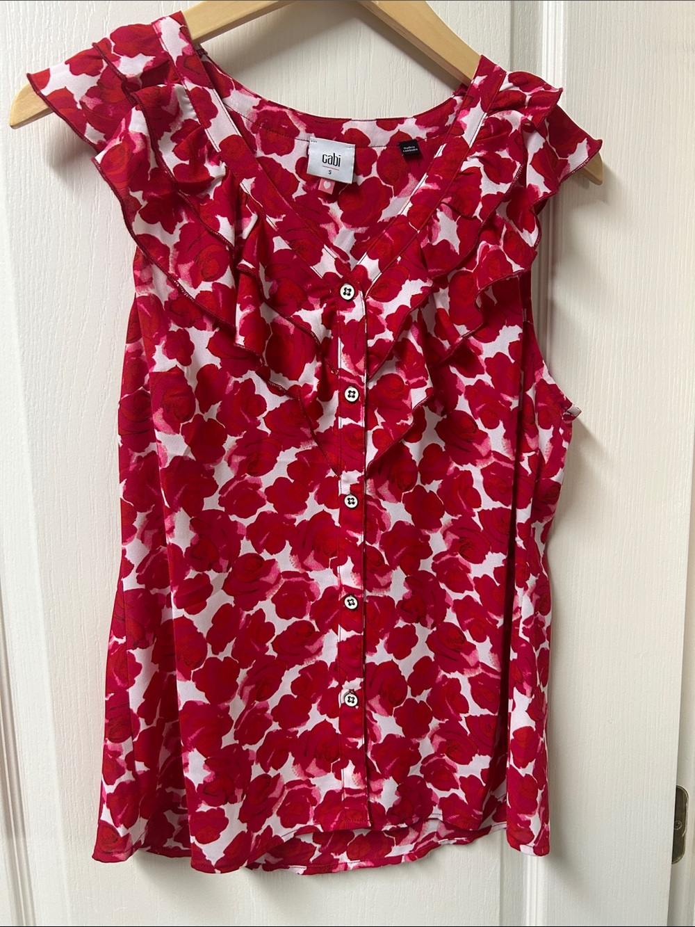 CAbi Red and White Floral Ruffle Button Front Shell